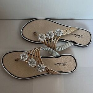 Elegant Gold and Silver Sandals with Crystal Embellishments.  NEW